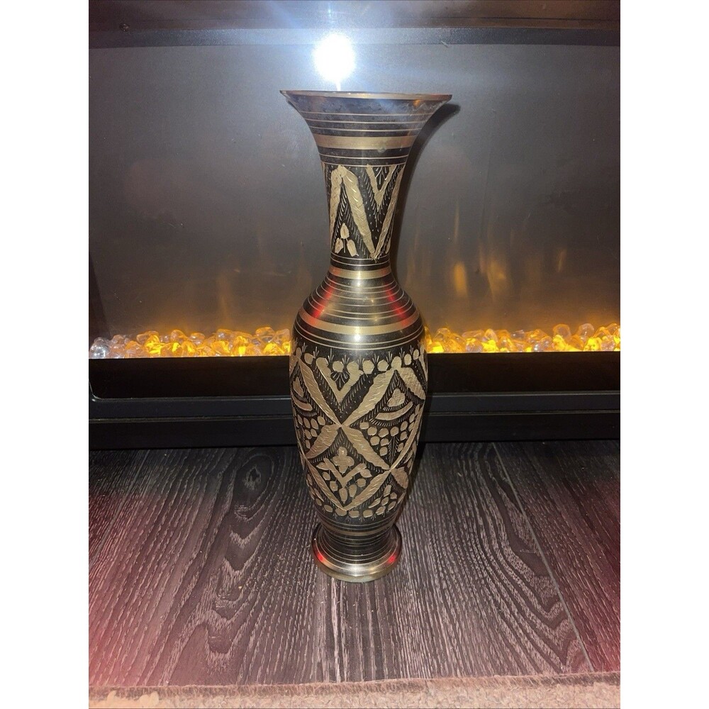 Brass Vase Vintage Metal Decorative Vase Black & Brass Designed Home Decor 14”